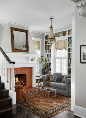Built-in bookcases with restored fireplace